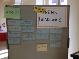 After the daily keynote talk, tables took 5 minutes to create a newspaper headline.